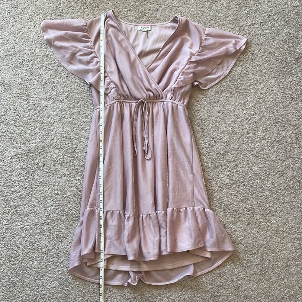 Andrée By Unit Shimmer Medium Dress Faux Wrap Fairy Sleeve Pink Tie at Waist - Picture 6 of 8